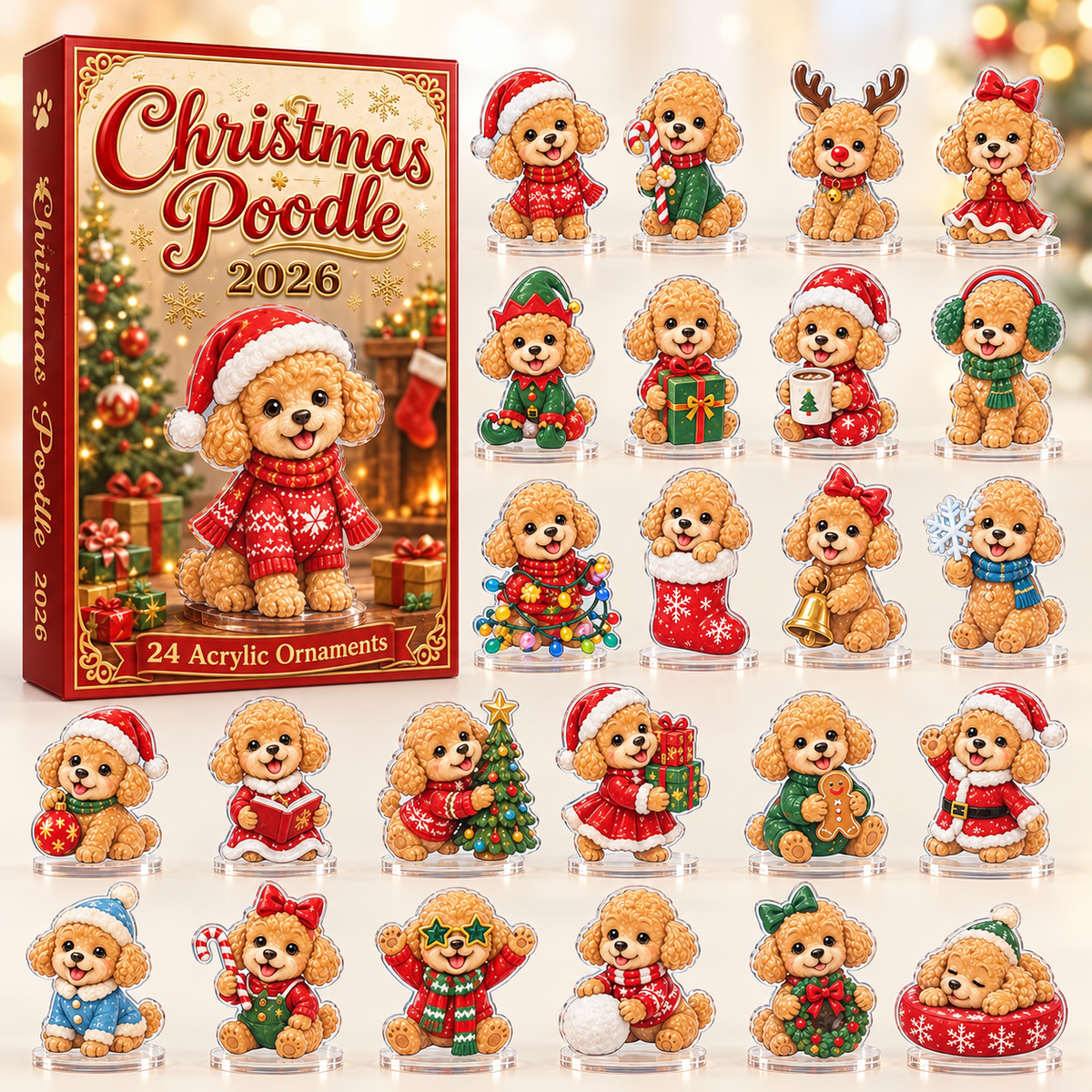 Pudel-Adventskalender 2026 – Flacher 2D-Kalender mit 24 Türchen in Burgunderrot & Champagnergold