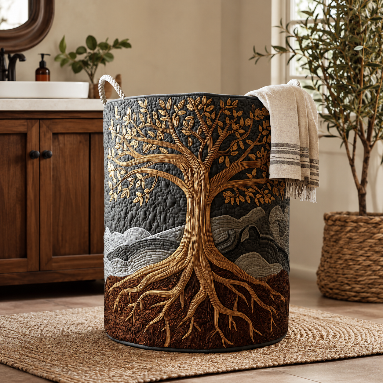 Wäschekorb Gesteppt Baumwoll-Polyester Beige 40 × 56 cm – Formstabil, Tragegriffe, Faltbar