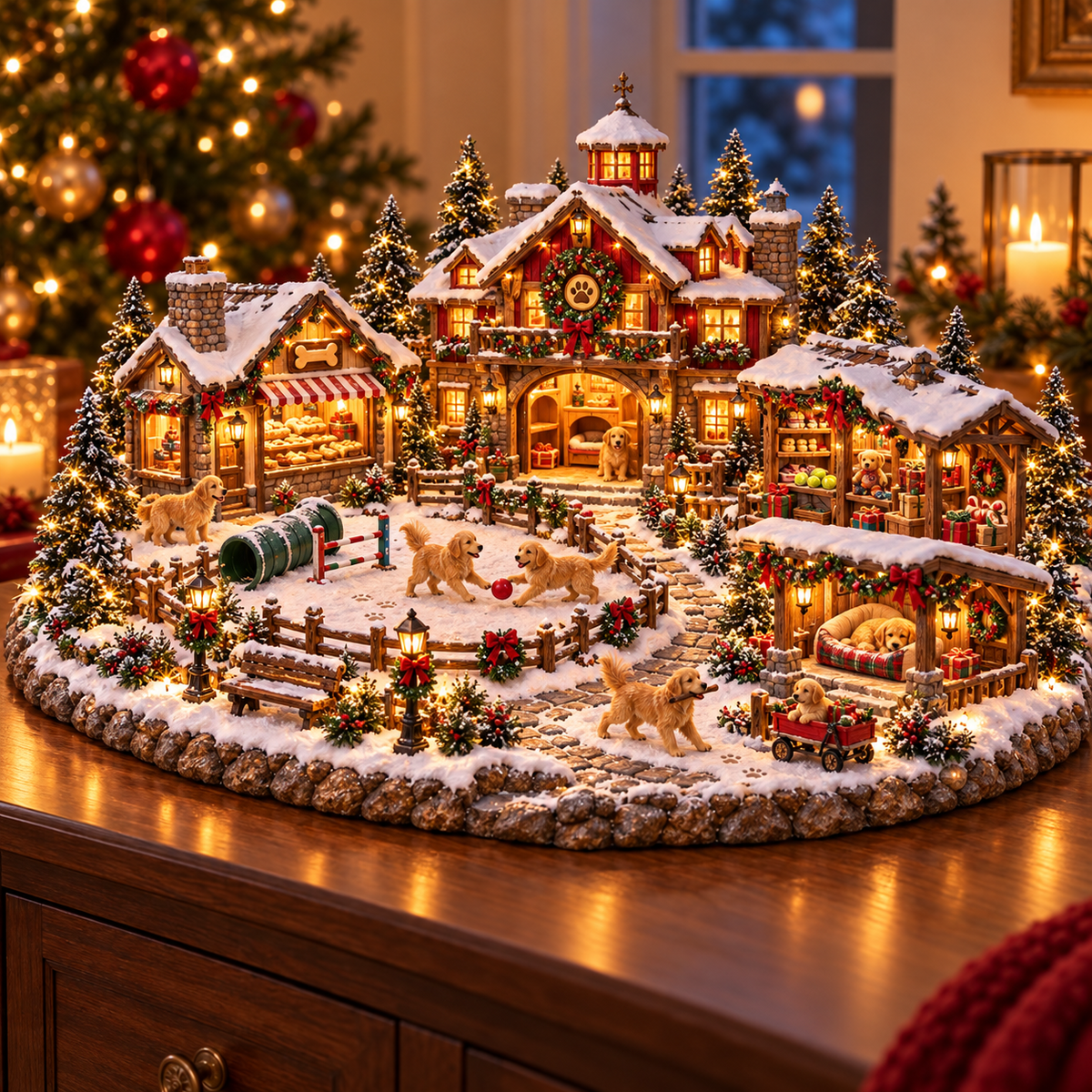Golden Retriever Weihnachtsdorf – Beleuchtete Winterszene für Hundeliebhaber