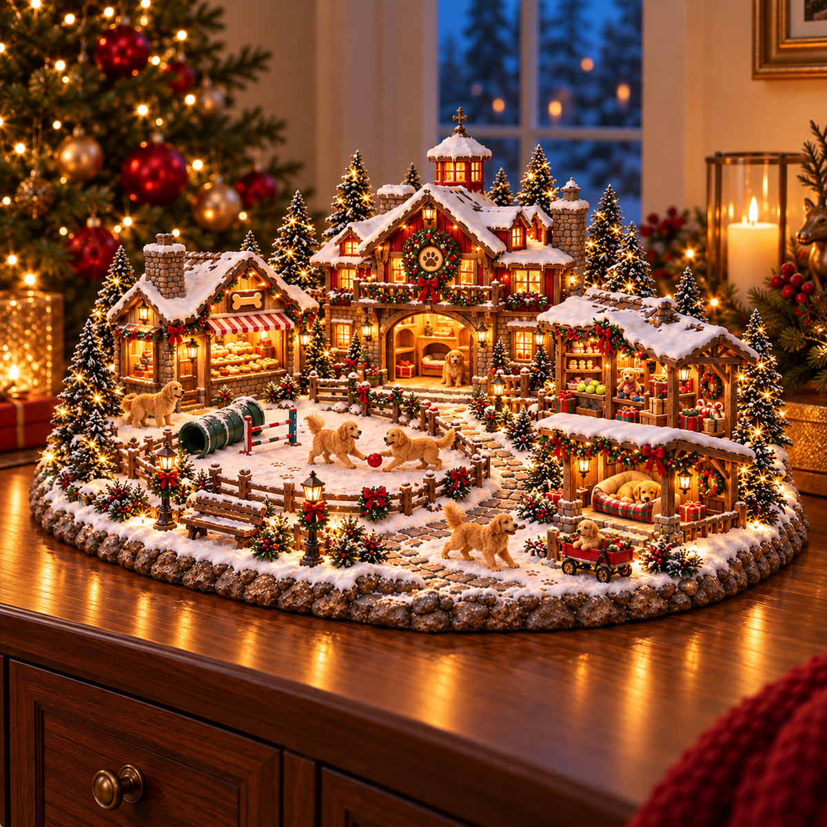 Golden Retriever Weihnachtsdorf – Beleuchtete Winterszene für Hundeliebhaber