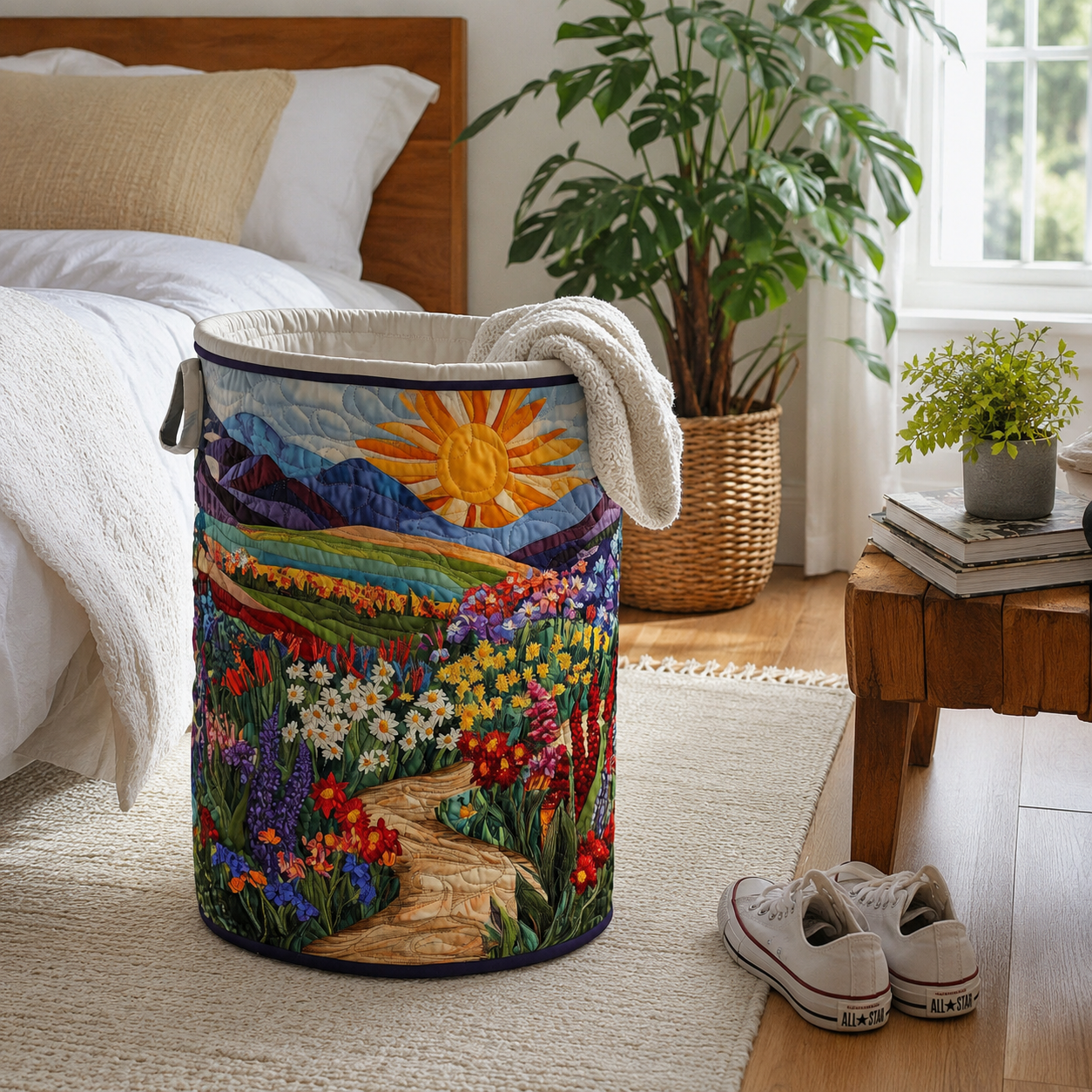 Wäschekorb Gesteppt Baumwoll-Polyester Beige 40 × 56 cm – Selbststehend, Faltbar, Tragegriffe