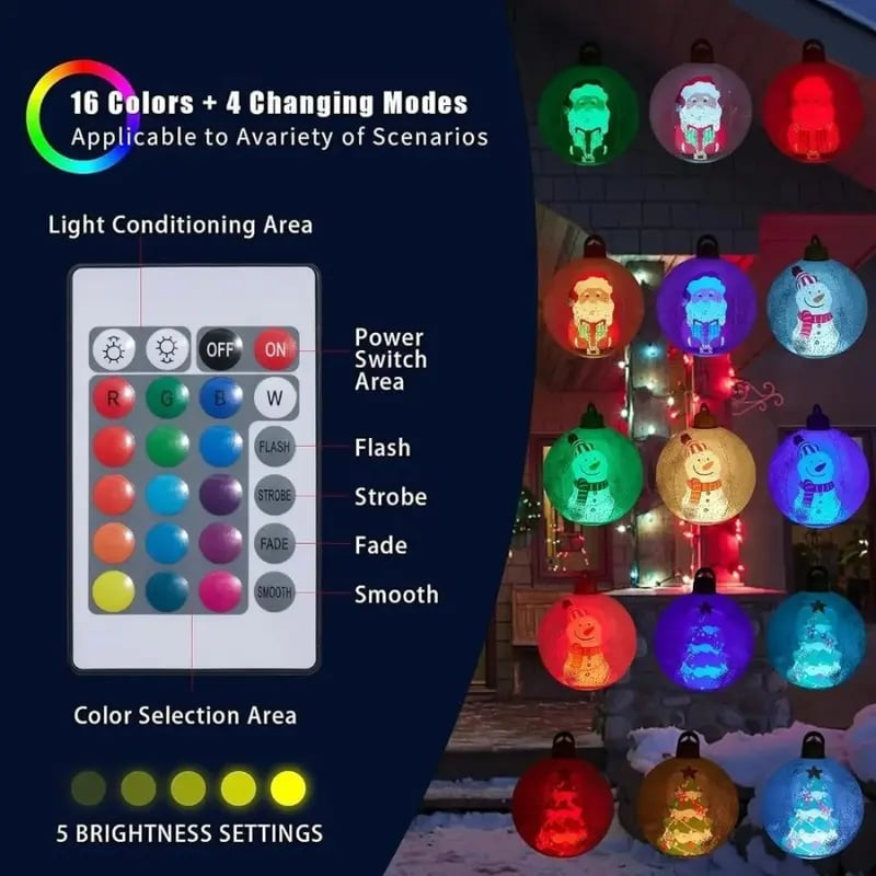 Leuchtende Weihnachtskugel 60 cm mit LED und Fernbedienung, Outdoor Deko mit Schneemann, Weihnachtsmann, Baum oder Rentier