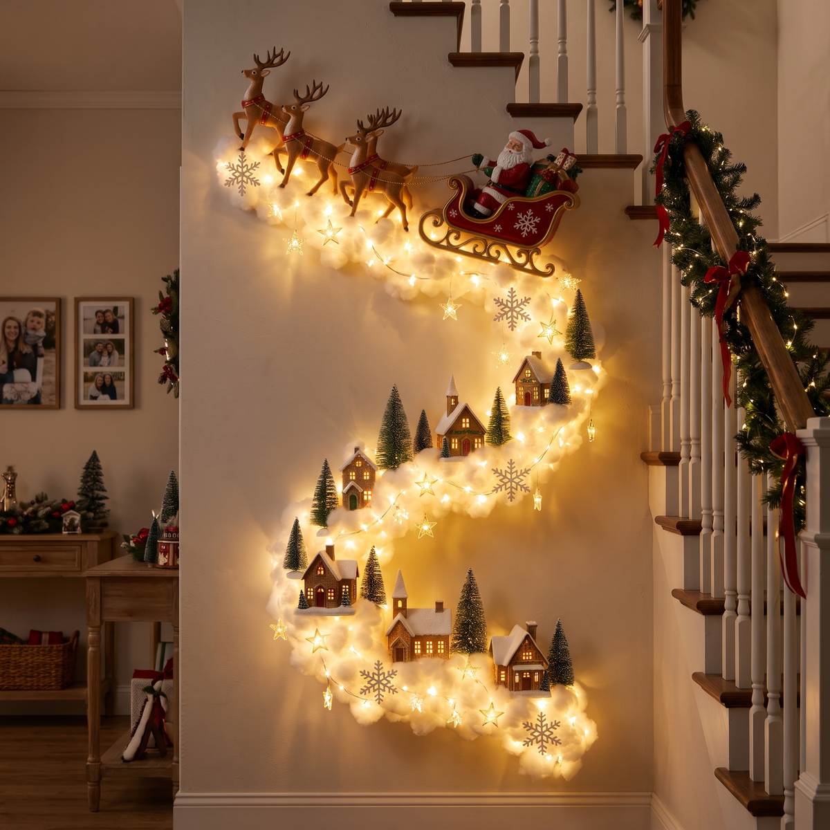 3D LED Wandleuchte Weihnachten mit Weihnachtsmann Schlitten und Lichterspur