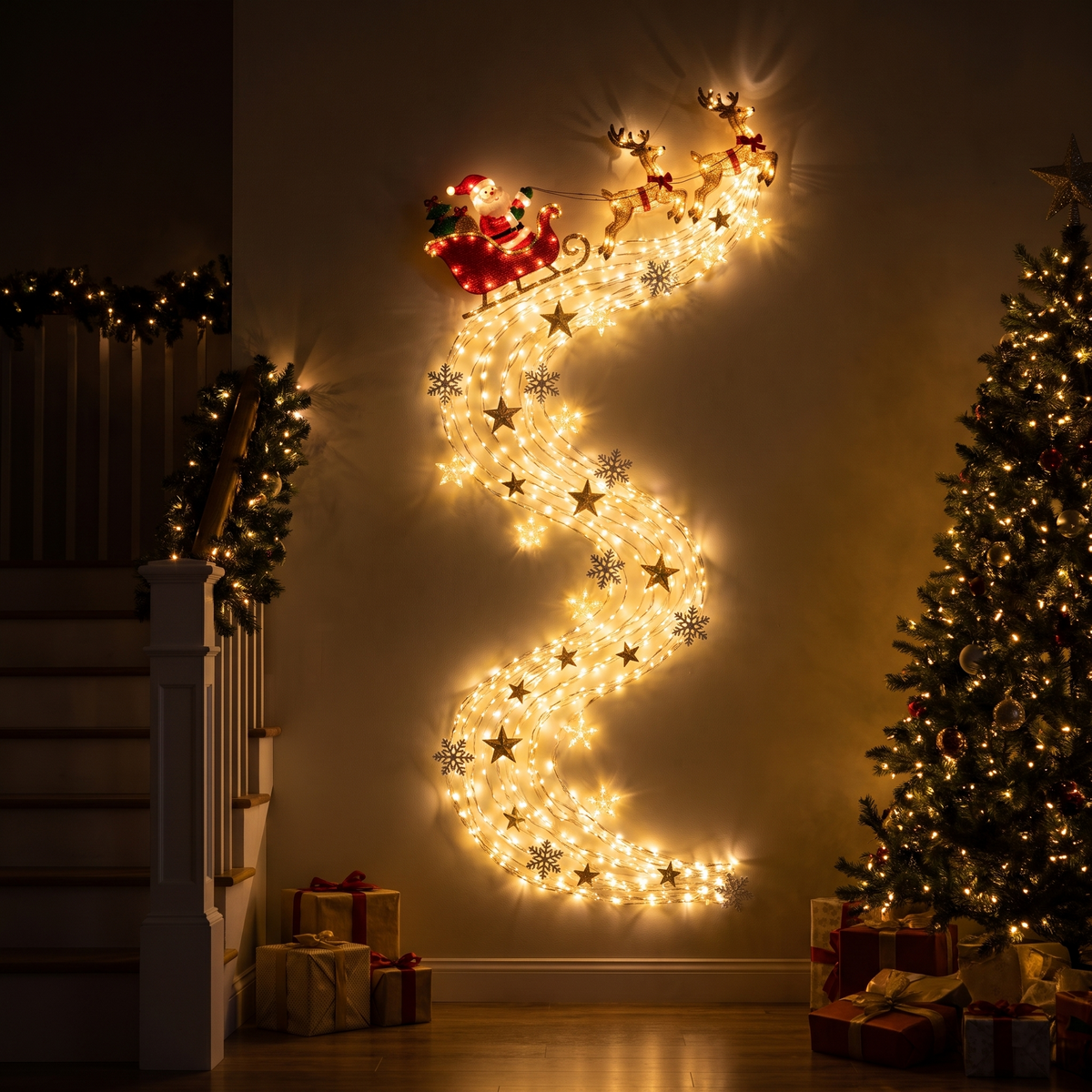 3D LED Wandleuchte Weihnachten mit Weihnachtsmann Schlitten und Lichterspur