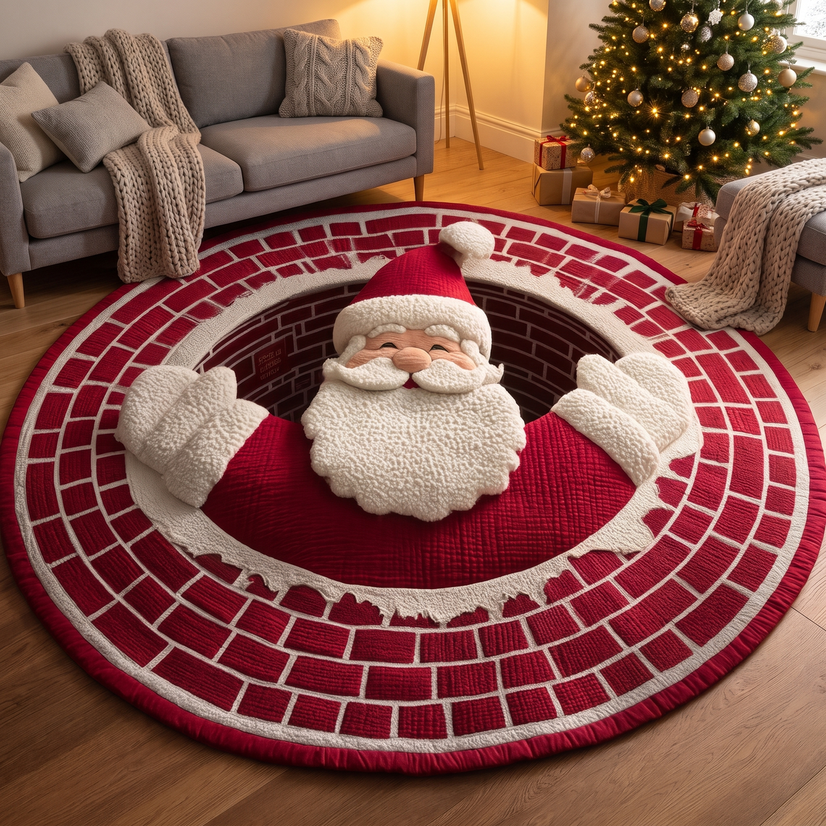 3D Weihnachtsteppich rund, Illusion Teppich mit Weihnachtsmann oder Wichtel rutschfest