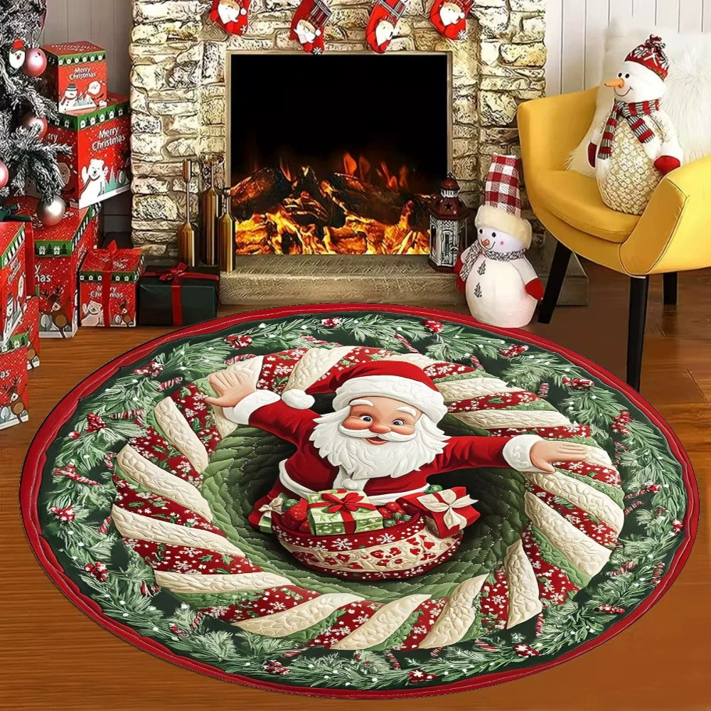 3D Weihnachtsteppich rund, Illusion Teppich mit Weihnachtsmann oder Wichtel rutschfest