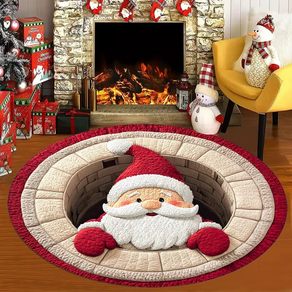 3D Weihnachtsteppich rund, Illusion Teppich mit Weihnachtsmann oder Wichtel rutschfest