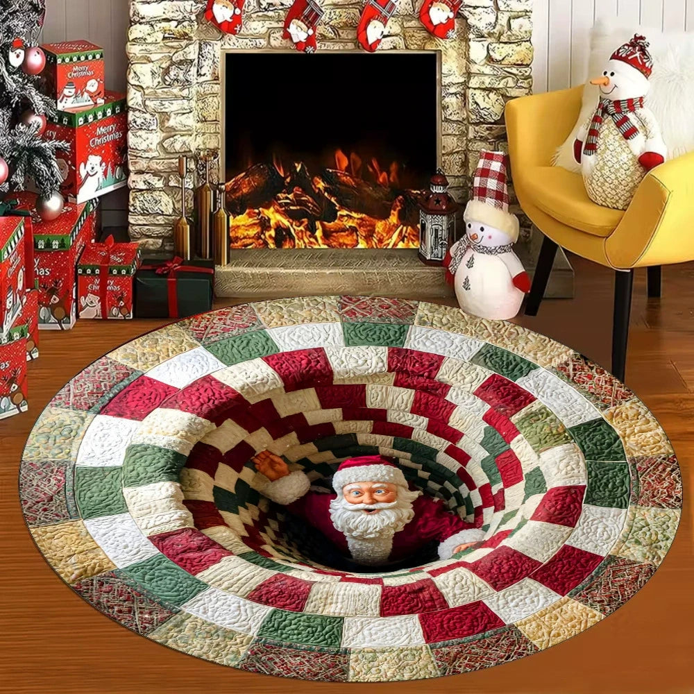 3D Weihnachtsteppich rund, Illusion Teppich mit Weihnachtsmann oder Wichtel rutschfest