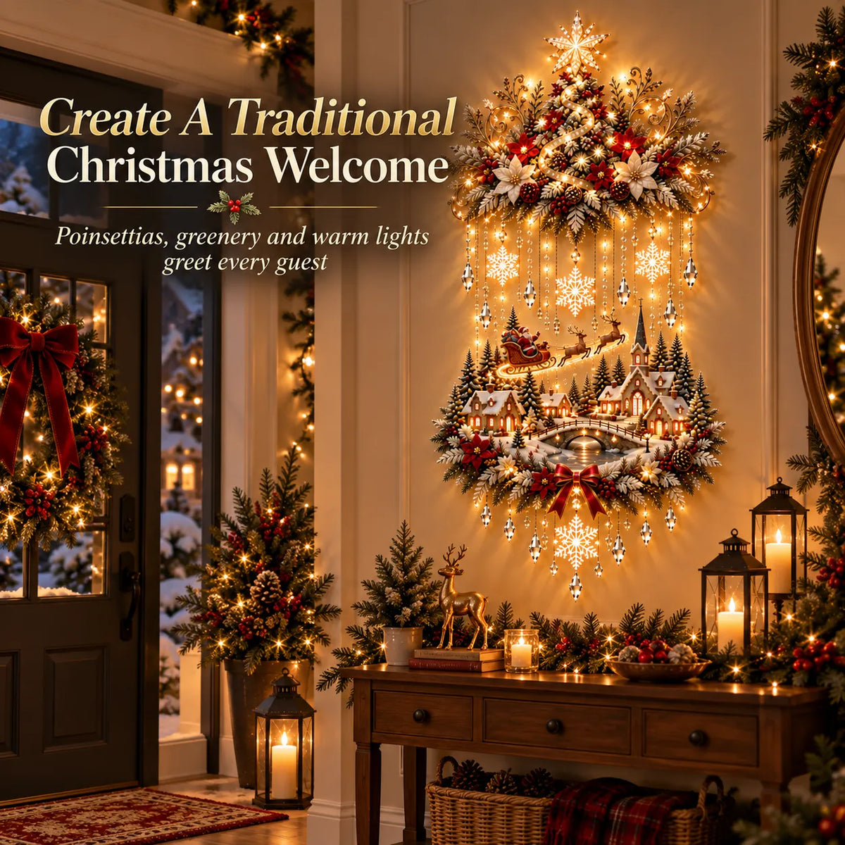 Beleuchteter Weihnachtsbaum mit Dorf – Wandbehang mit warmweißen Lichtkaskaden, 80 cm