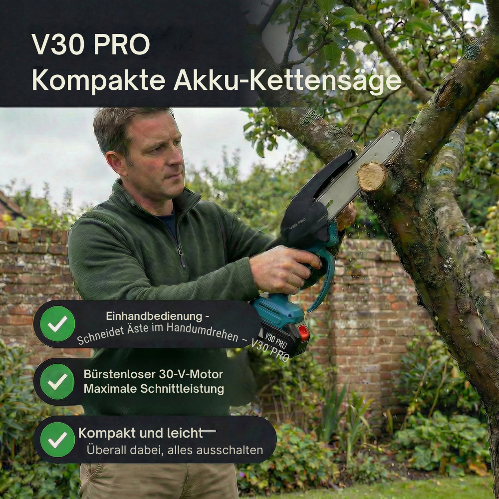 Akku Kettensäge V30 PRO 6 Zoll Brushless 18–21V 8 m/s – Holzschnitt Garten Äste – 1,3 kg leicht