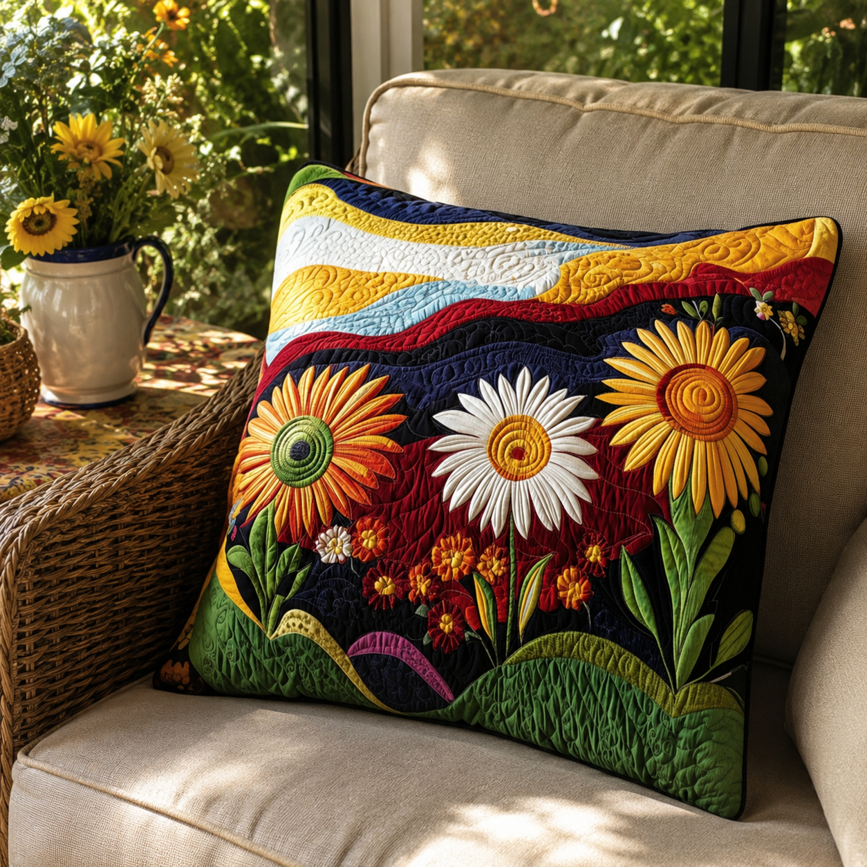 Kissenbezug Sonnenblumen Baumwoll-Polyester Weiß 40 × 40 cm – Gesteppte Optik, Hotelverschluss, Maschinenwaschbar