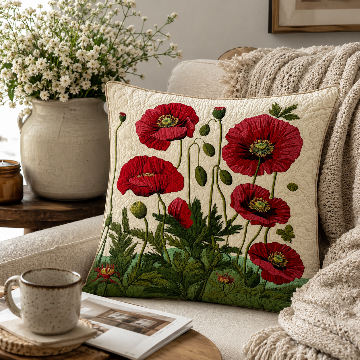 Kissenbezug Mohnblumen Baumwoll-Polyester Weiß 56 × 56 cm – Hotelverschluss, Gesteppt, Maschinenwaschbar