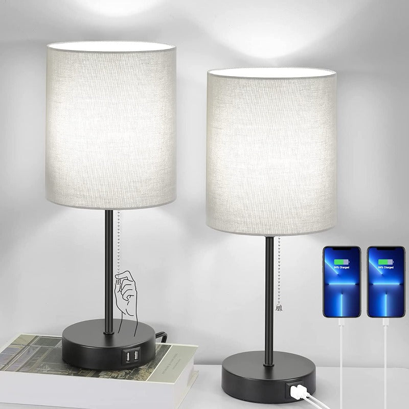 LinenLuxe - Se+t aus 2 modernen Tischlampen mit USB & Steckdose