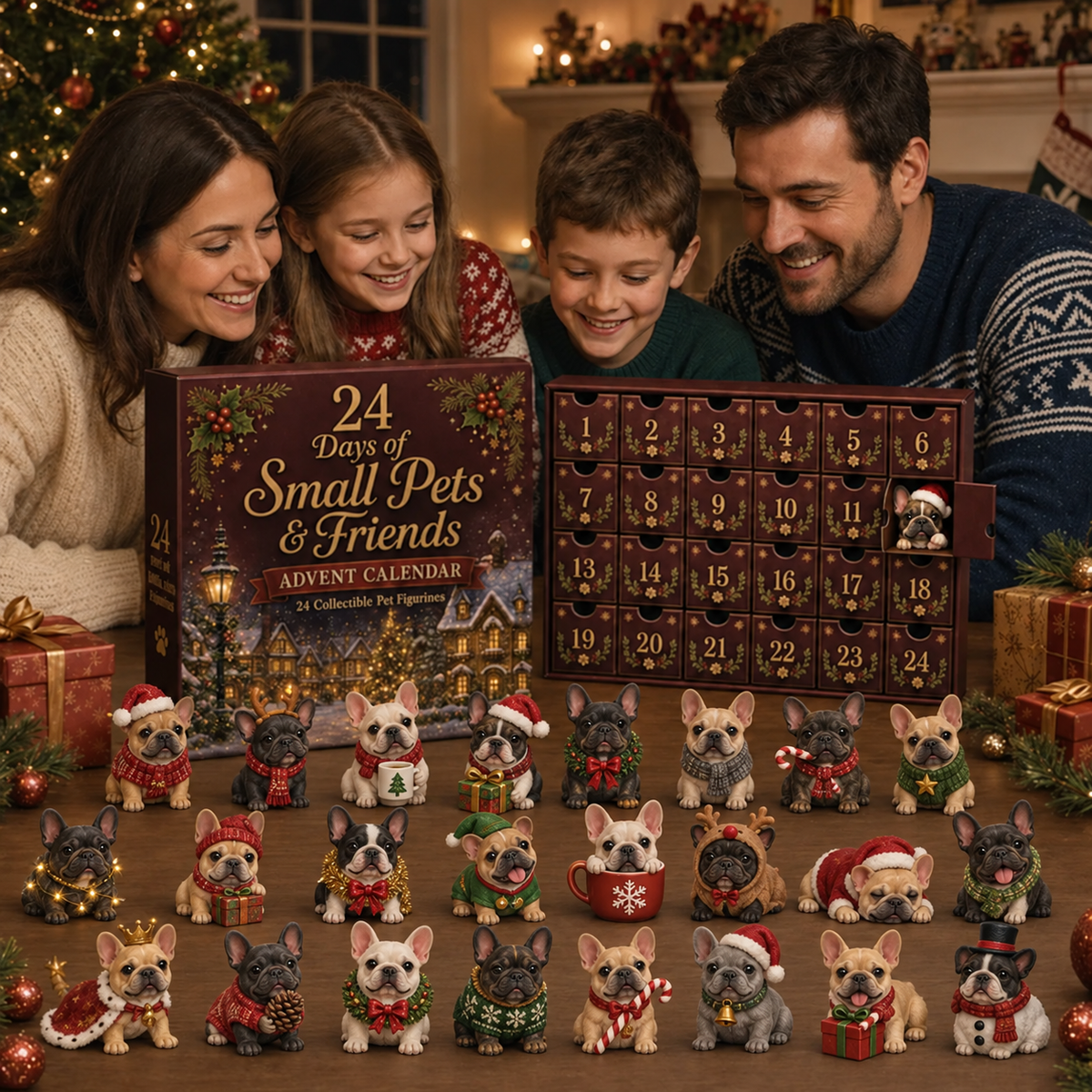 Französische Bulldogge Adventskalender – 24 flache 2D-Anhänger