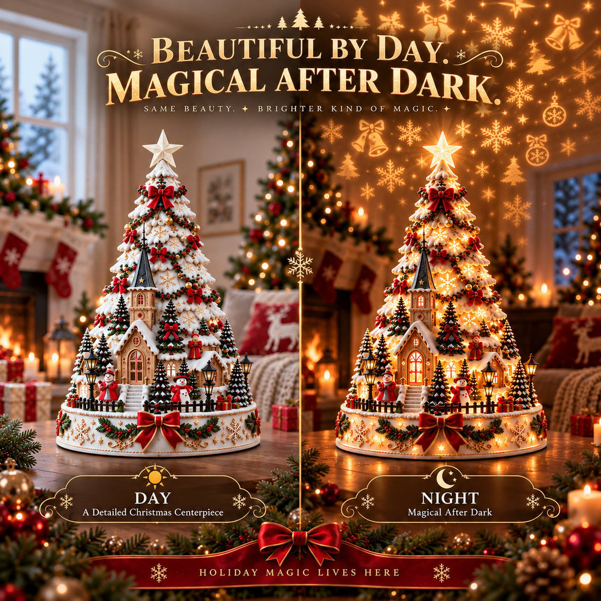 Leuchtender Weihnachtsdorf-Baum | 3D-Tischdeko mit Lichtprojektion