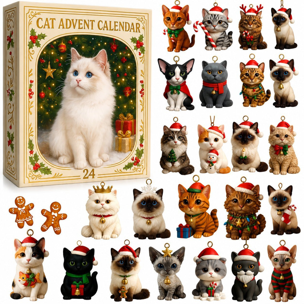 Adventskalender 2026 für Katzenliebhaber – 24 Katzenanhänger im 2D-Flachdesign
