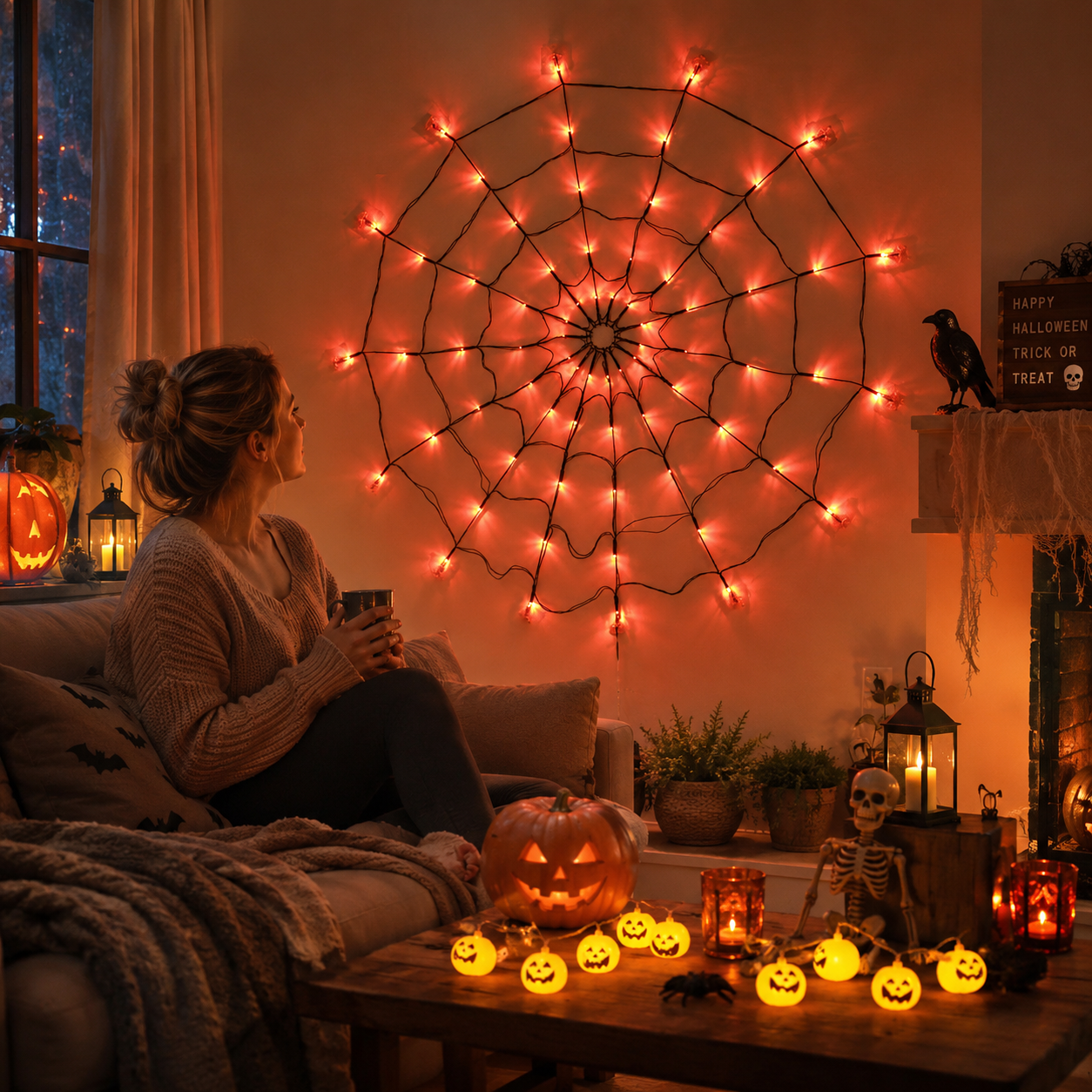Halloween Spinnennetz-Lichterkette 70 LED Lila-Orange – 8 Lichtmodi