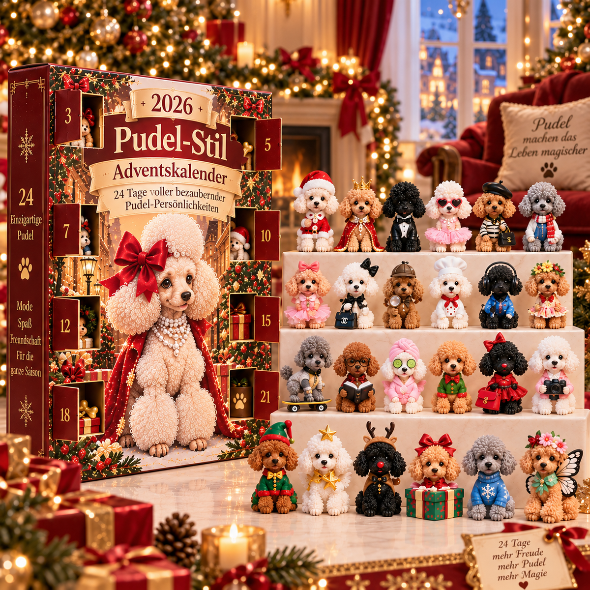 Pudel-Adventskalender 2026 – 24 Tage Weihnachtsüberraschungen in Burgunderrot & Champagnergold
