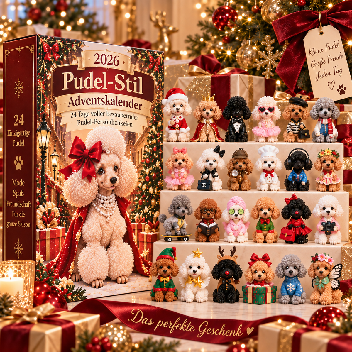 Pudel-Adventskalender 2026 – 24 Tage Weihnachtsüberraschungen in Burgunderrot & Champagnergold