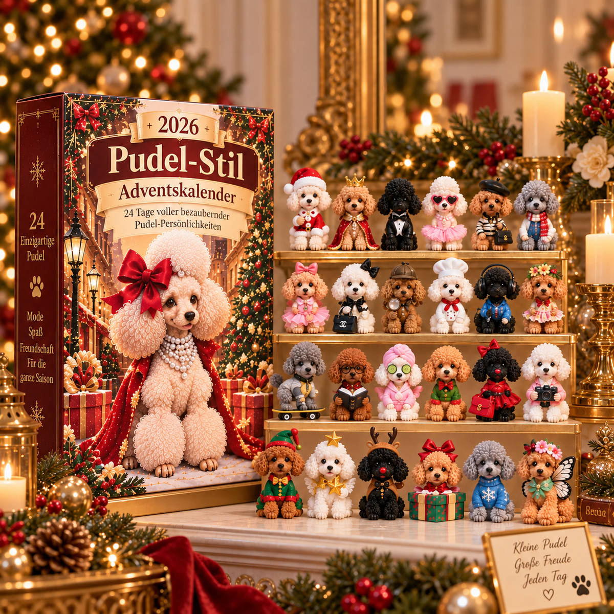 Pudel-Adventskalender 2026 – 24 Tage Weihnachtsüberraschungen in Burgunderrot & Champagnergold