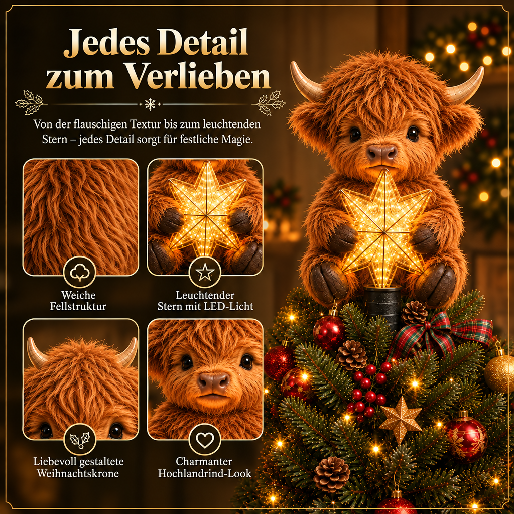Baby Highland Cow Weihnachtsbaumspitze mit leuchtendem Stern