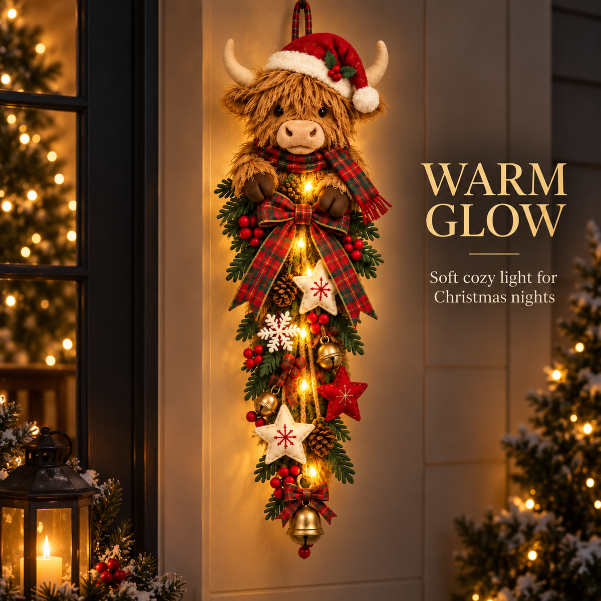 Highland Cow Türdeko mit Beleuchtung – Weihnachtliche Türgirlande mit Karomuster