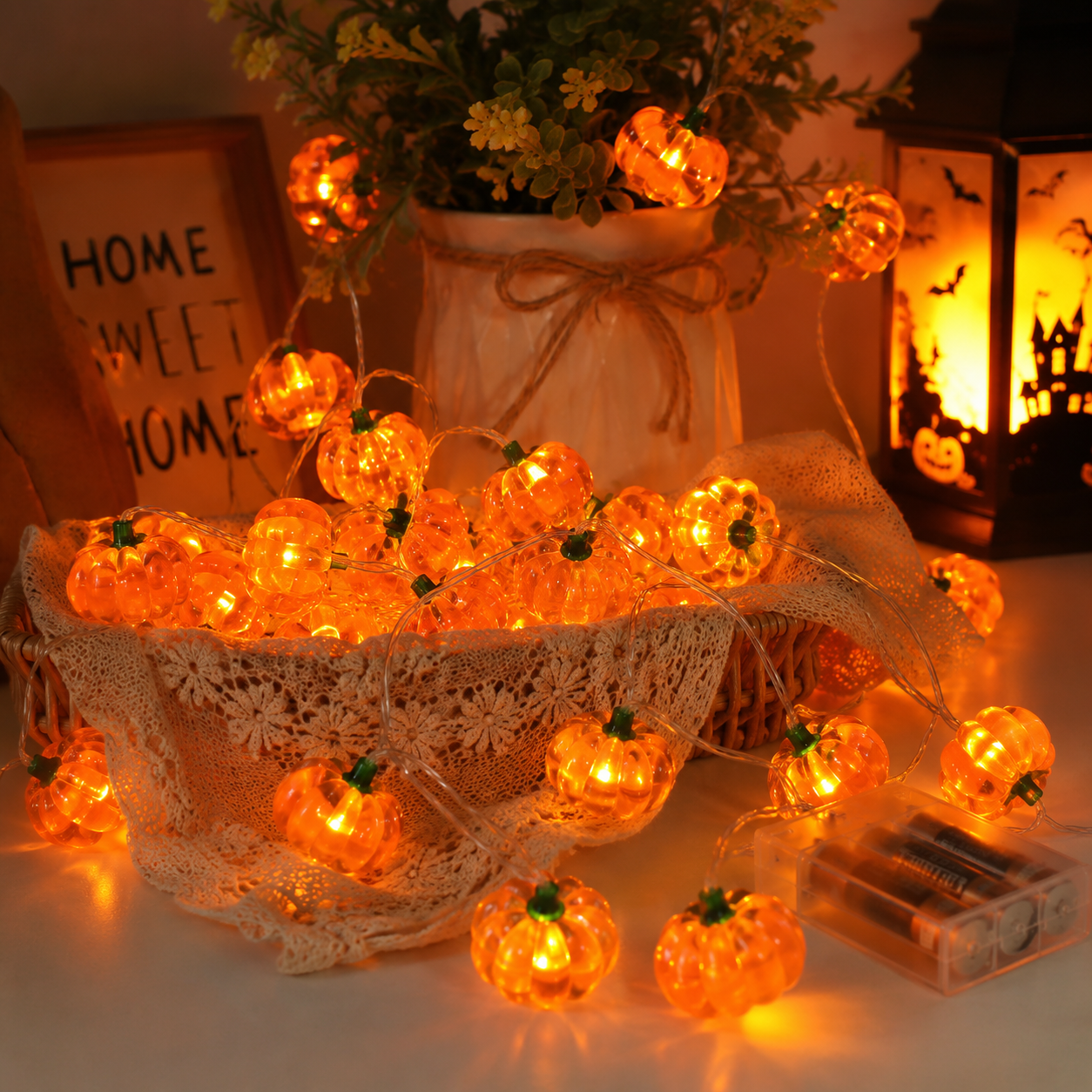 Kürbis-Lichterkette | Batteriebetriebene Drahtlichter für Halloween