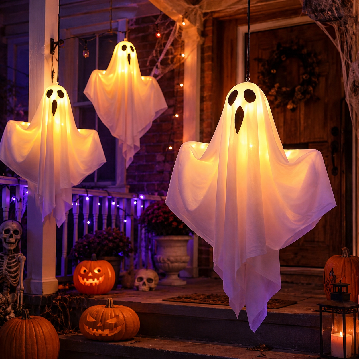 LED-Geisterleuchte Halloween 51 cm Weiß – Batteriebetrieben, Aufhängbar