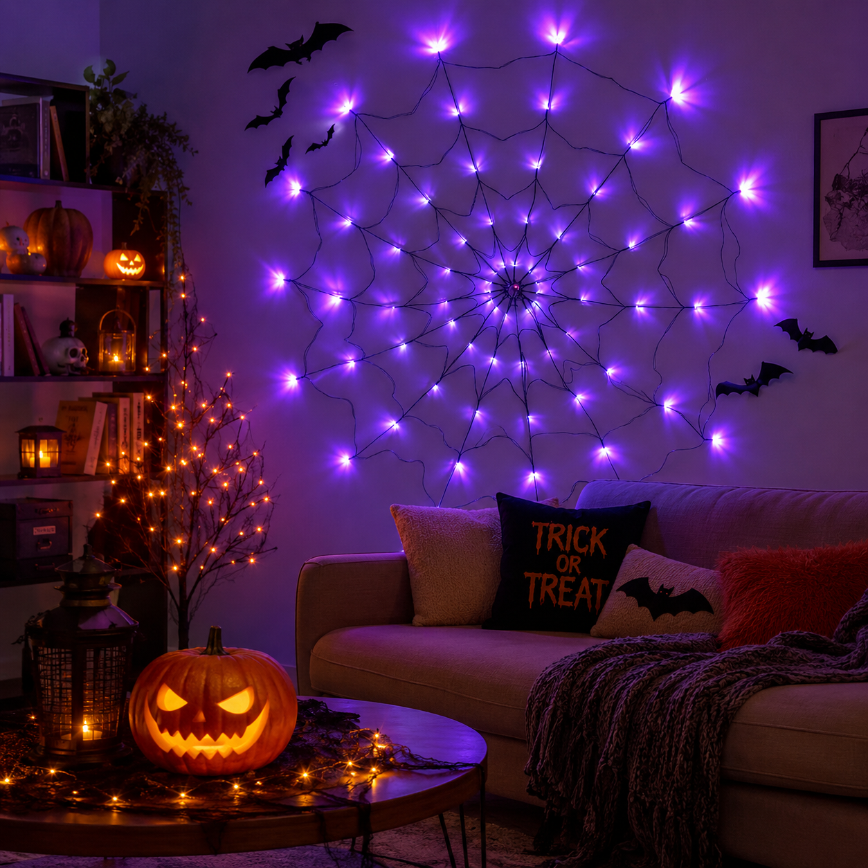 Halloween Spinnennetz-Lichterkette 70 LED Lila-Orange – 8 Lichtmodi