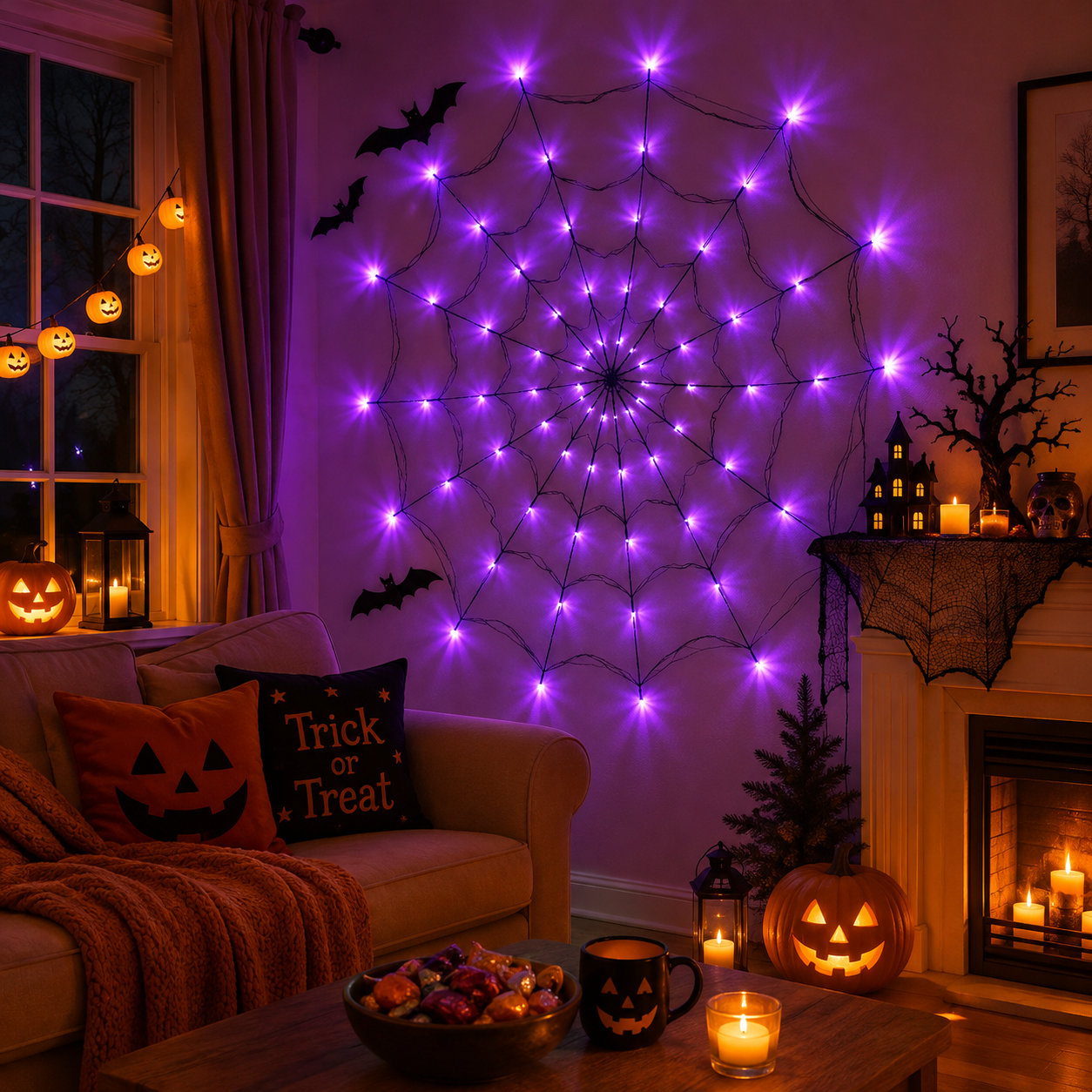 Halloween Spinnennetz-Lichterkette 70 LED Lila-Orange – 8 Lichtmodi