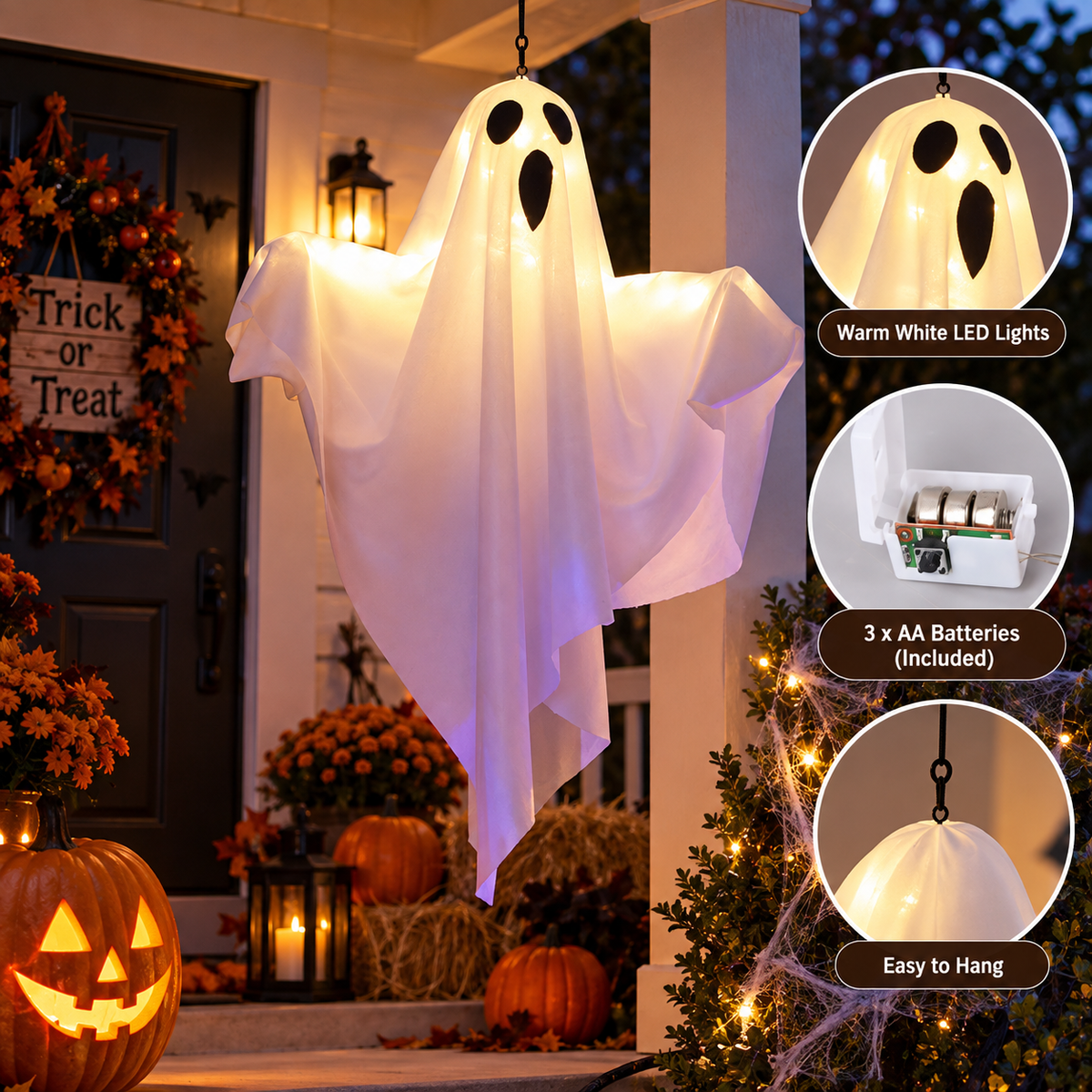 LED-Geisterleuchte Halloween 51 cm Weiß – Batteriebetrieben, Aufhängbar