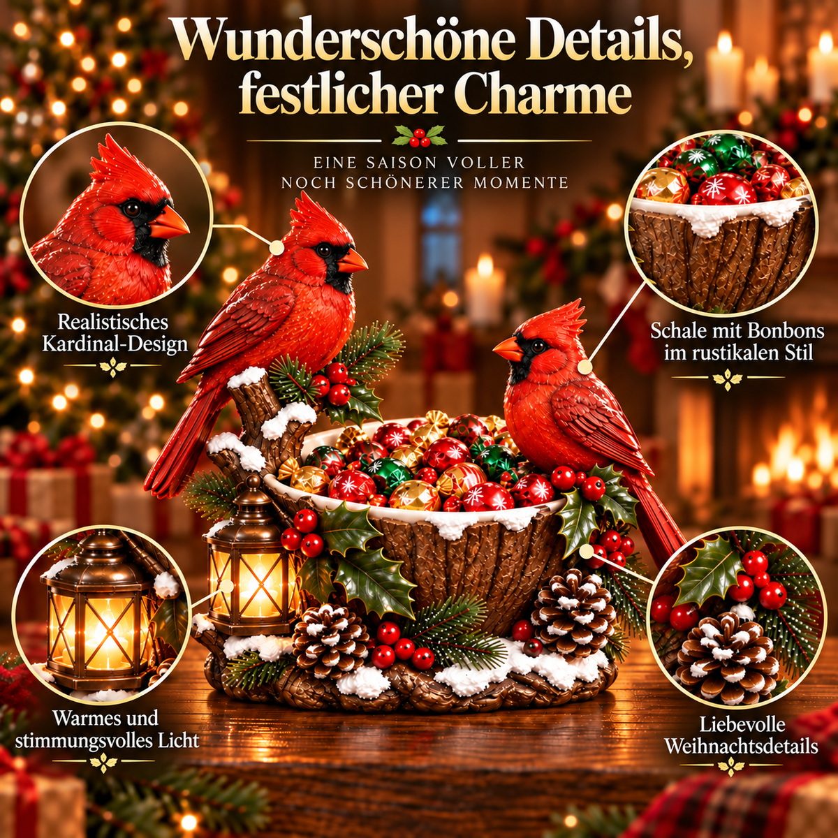 Weihnachtsnaschschüssel mit Kardinälen und Laterne