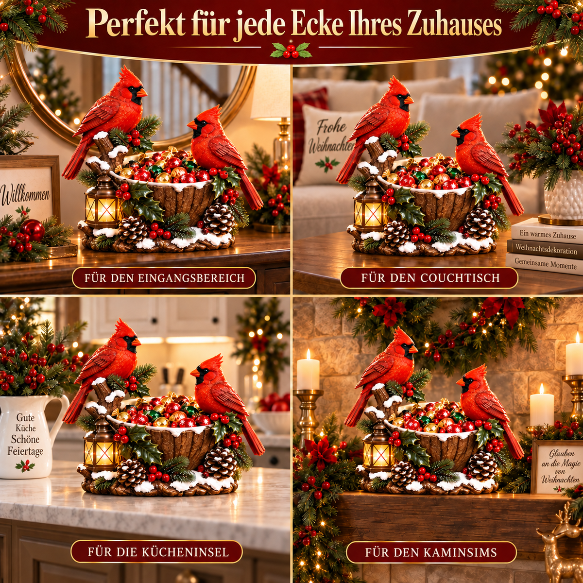 Weihnachtsnaschschüssel mit Kardinälen und Laterne