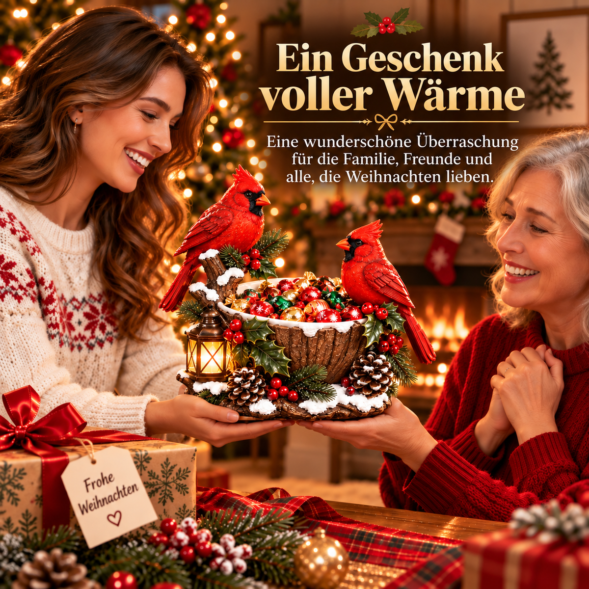 Weihnachtsnaschschüssel mit Kardinälen und Laterne