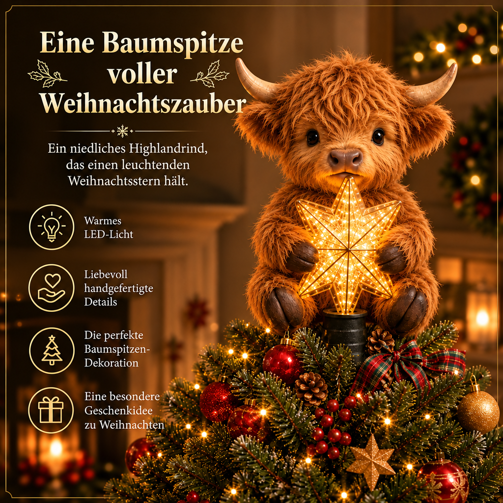 Baby Highland Cow Weihnachtsbaumspitze mit leuchtendem Stern