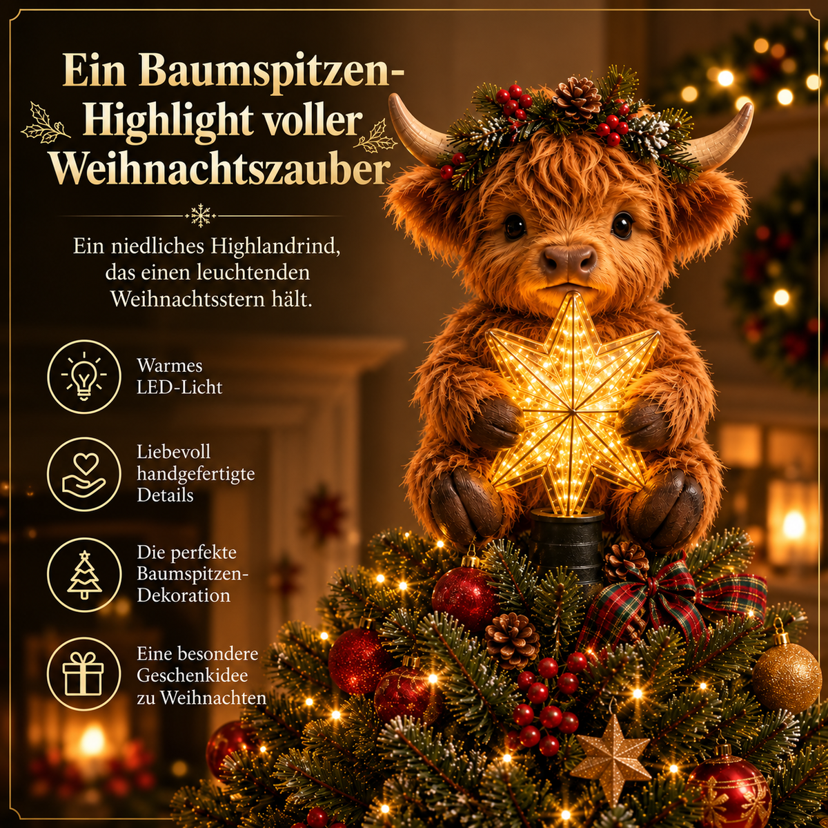 Baby Highland Cow Weihnachtsbaumspitze mit leuchtendem Stern