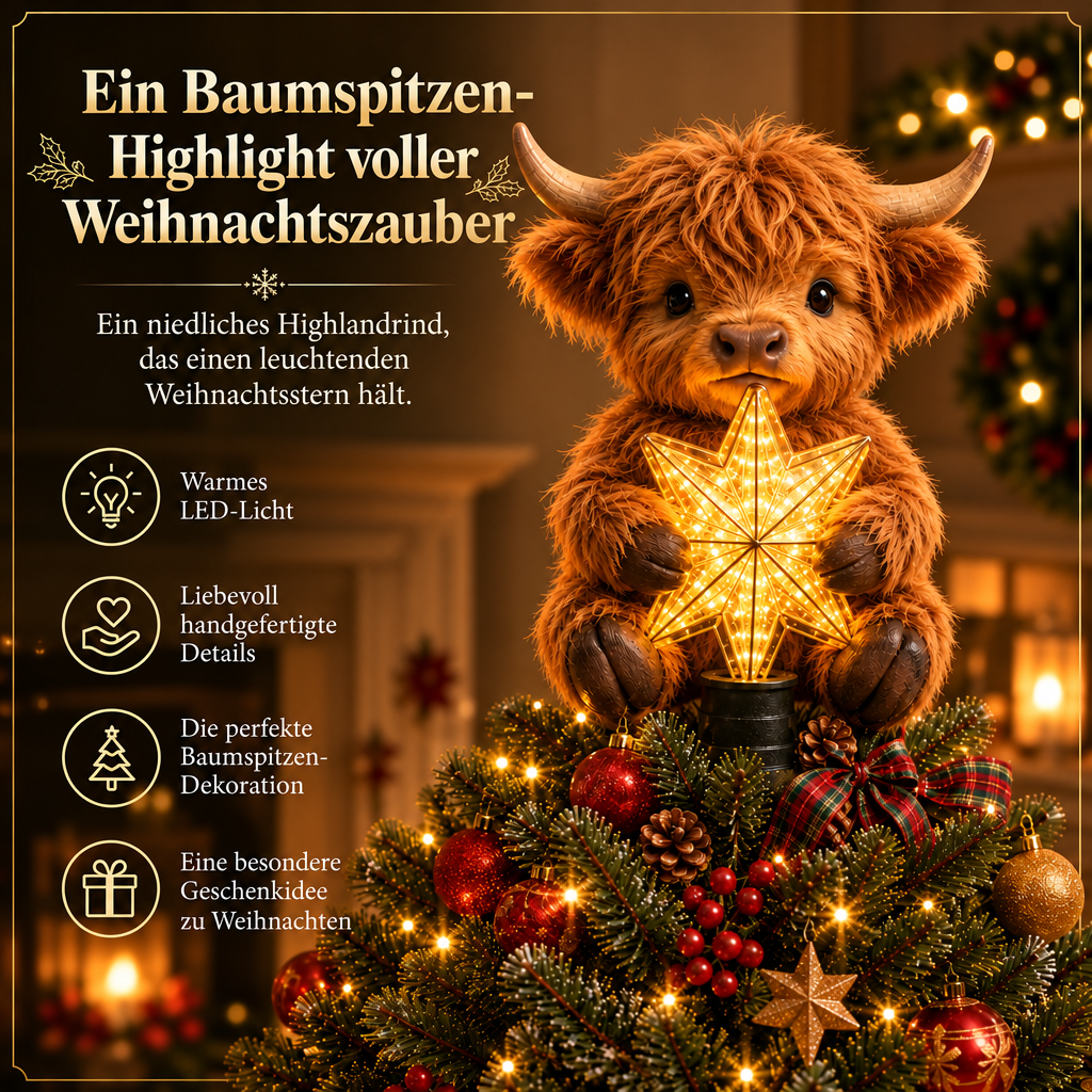 Baby Highland Cow Weihnachtsbaumspitze mit leuchtendem Stern