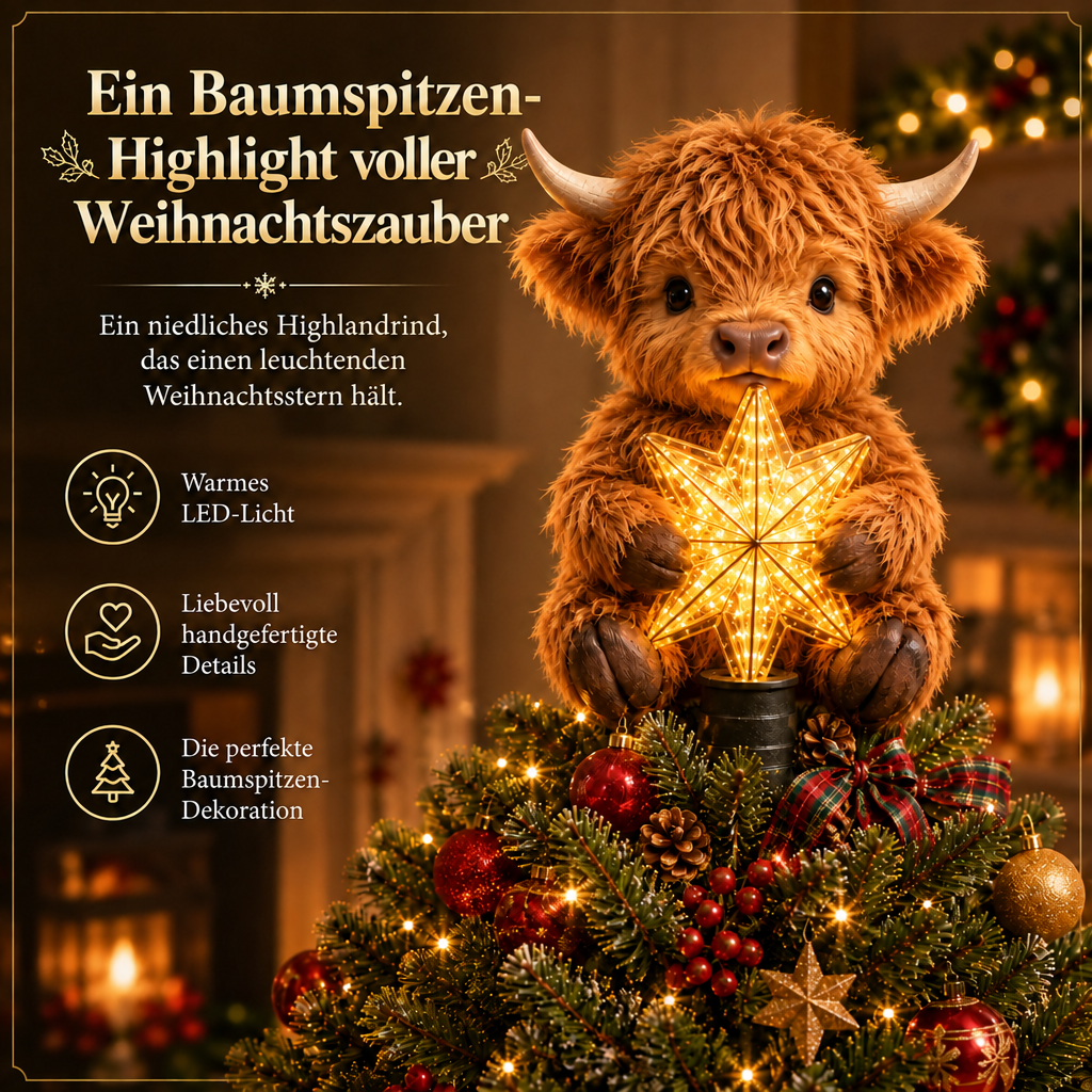 Baby Highland Cow Weihnachtsbaumspitze mit leuchtendem Stern