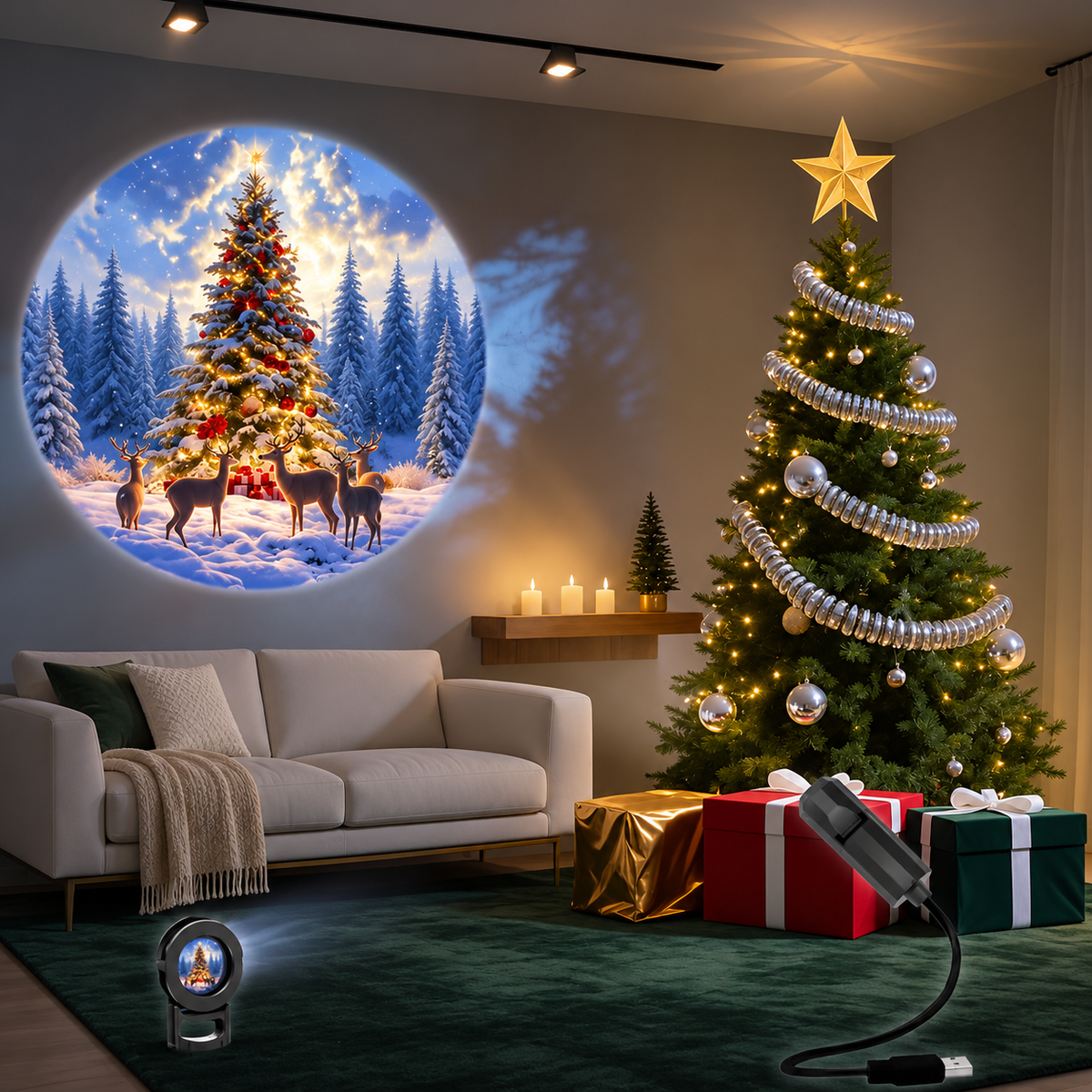 LED-Projektionslampe Weihnachten Kunststoff Bunt – 6 Motive, USB-Betrieb, Tischdeko