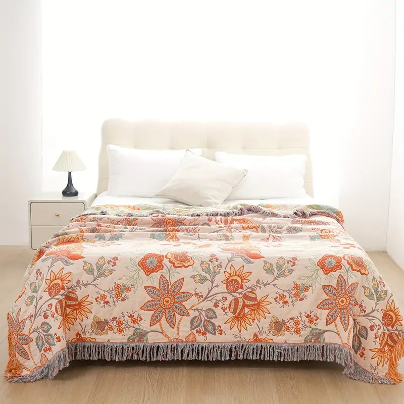Decke | Blumenmuster, Fransenrand aus 100 % Baumwolle 4