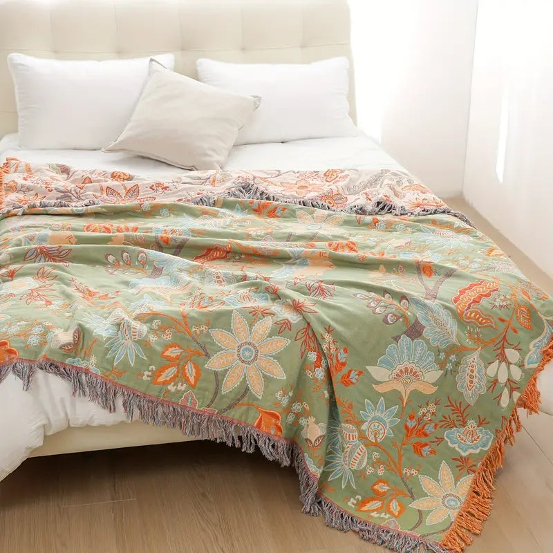 Decke | Blumenmuster, Fransenrand aus 100 % Baumwolle 8