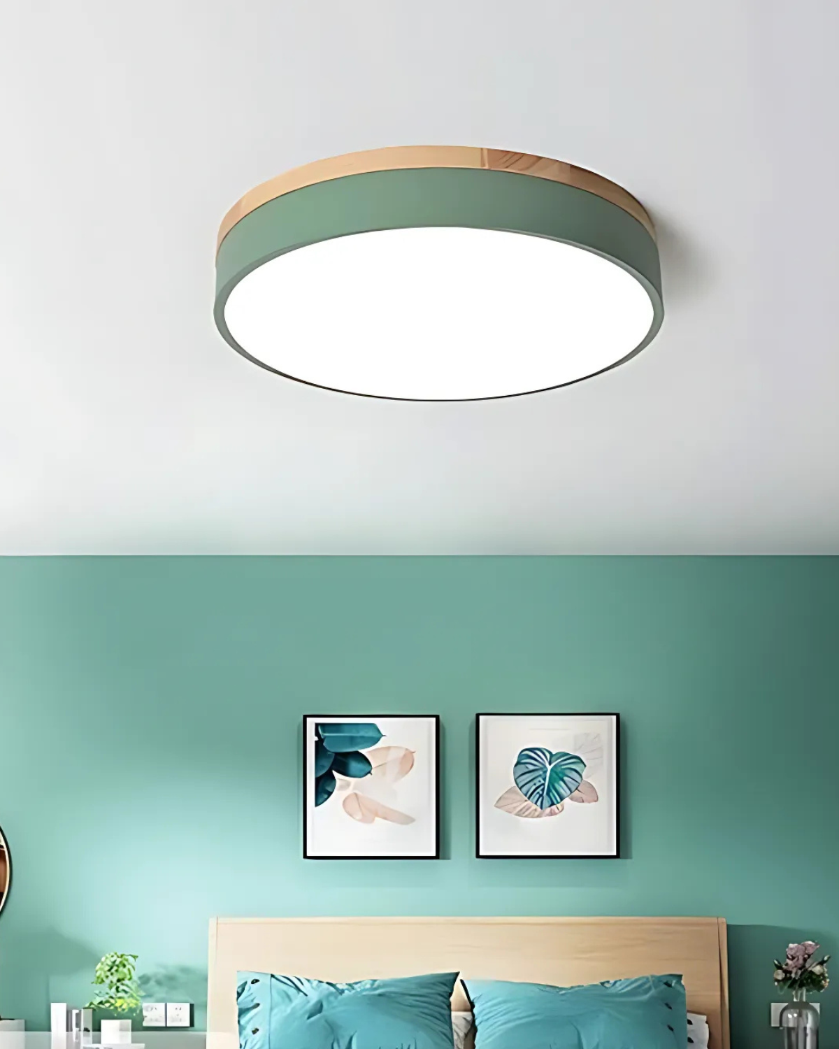 Deckenleuchte | Rundes Design, Holzakzent, Grünes Band 8