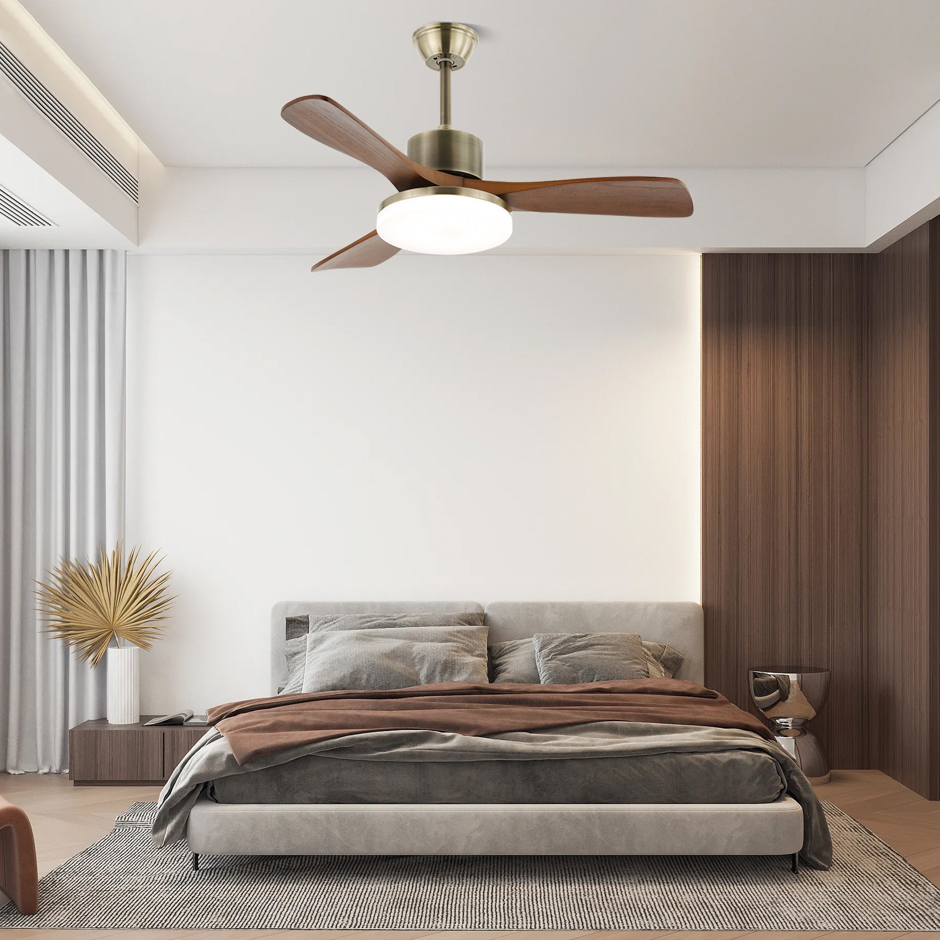 Deckenventilator | Silberner Metallrahmen, Holzflügel, LED-Beleuchtung 2