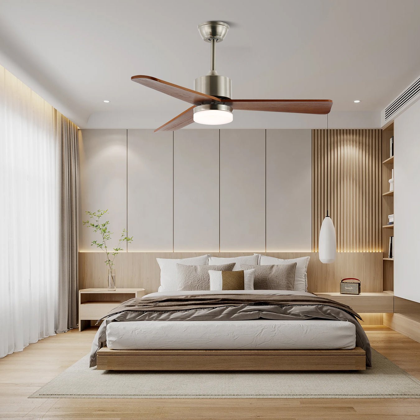 Deckenventilator | Silberner Metallrahmen, Holzflügel, LED-Beleuchtung 3