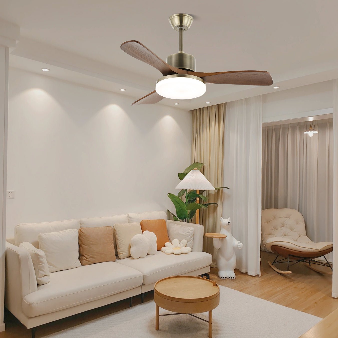 Deckenventilator | Silberner Metallrahmen, Holzflügel, LED-Beleuchtung 5