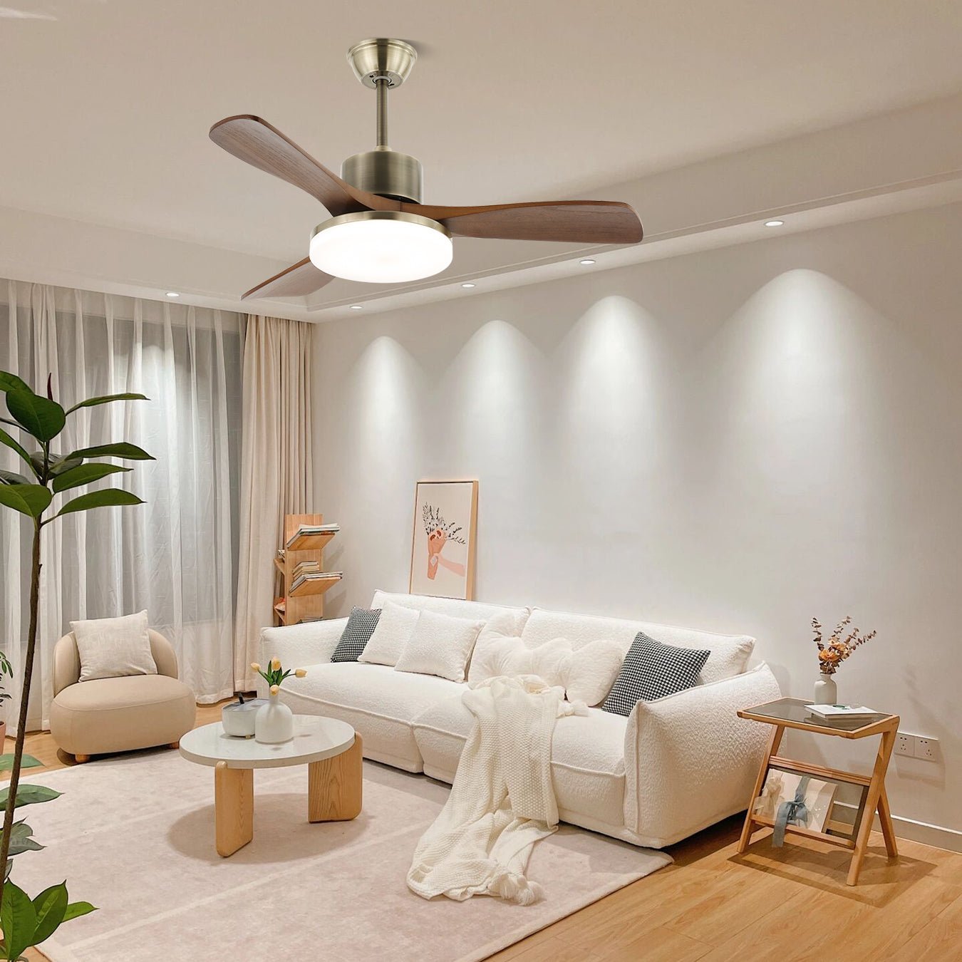 Deckenventilator | Silberner Metallrahmen, Holzflügel, LED-Beleuchtung 6
