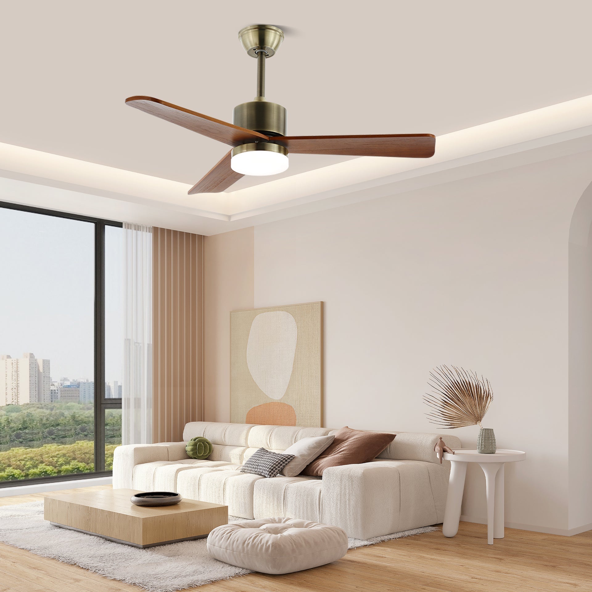 Deckenventilator | Silberner Metallrahmen, Holzflügel, LED-Beleuchtung 7