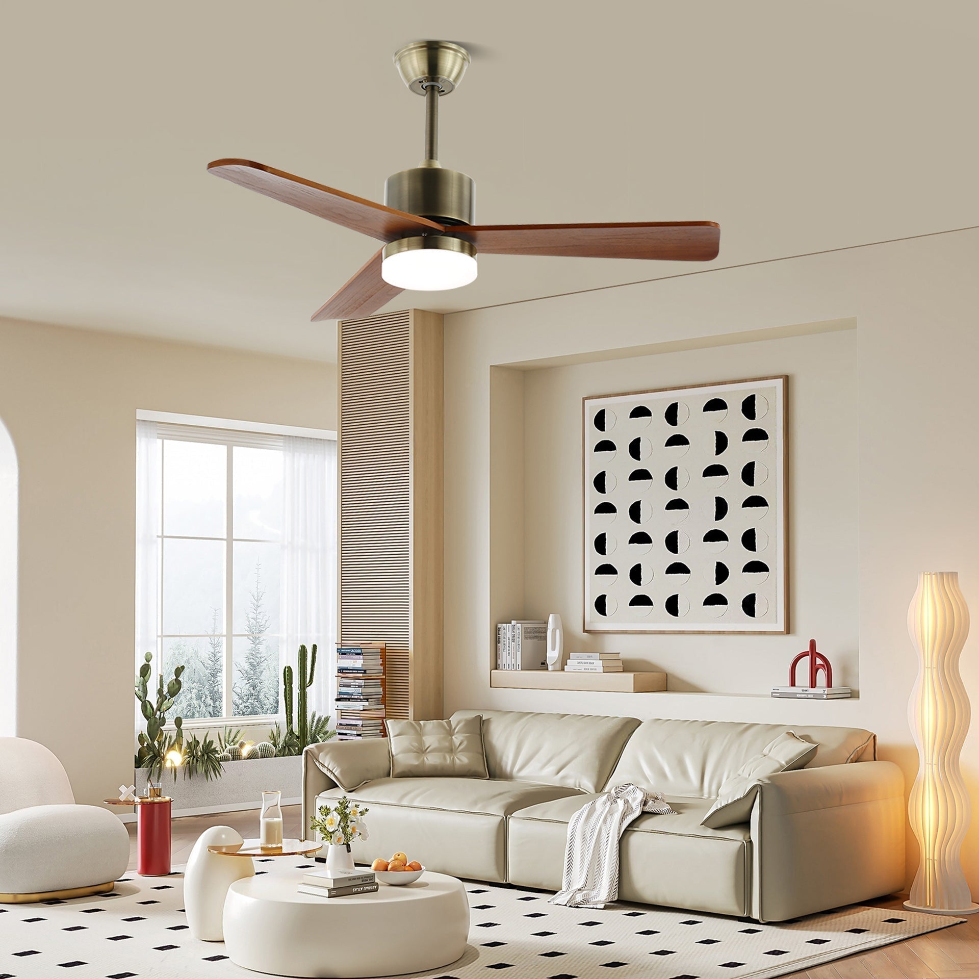 Deckenventilator | Silberner Metallrahmen, Holzflügel, LED-Beleuchtung 8