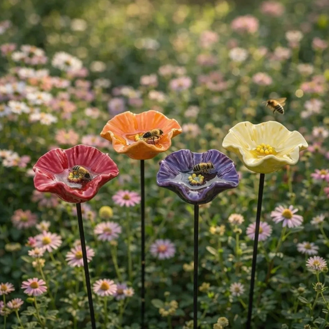 Garten Dekoration | Handgefertigte Wetterfeste Keramik-Bienenblüten, 4er-Set 5
