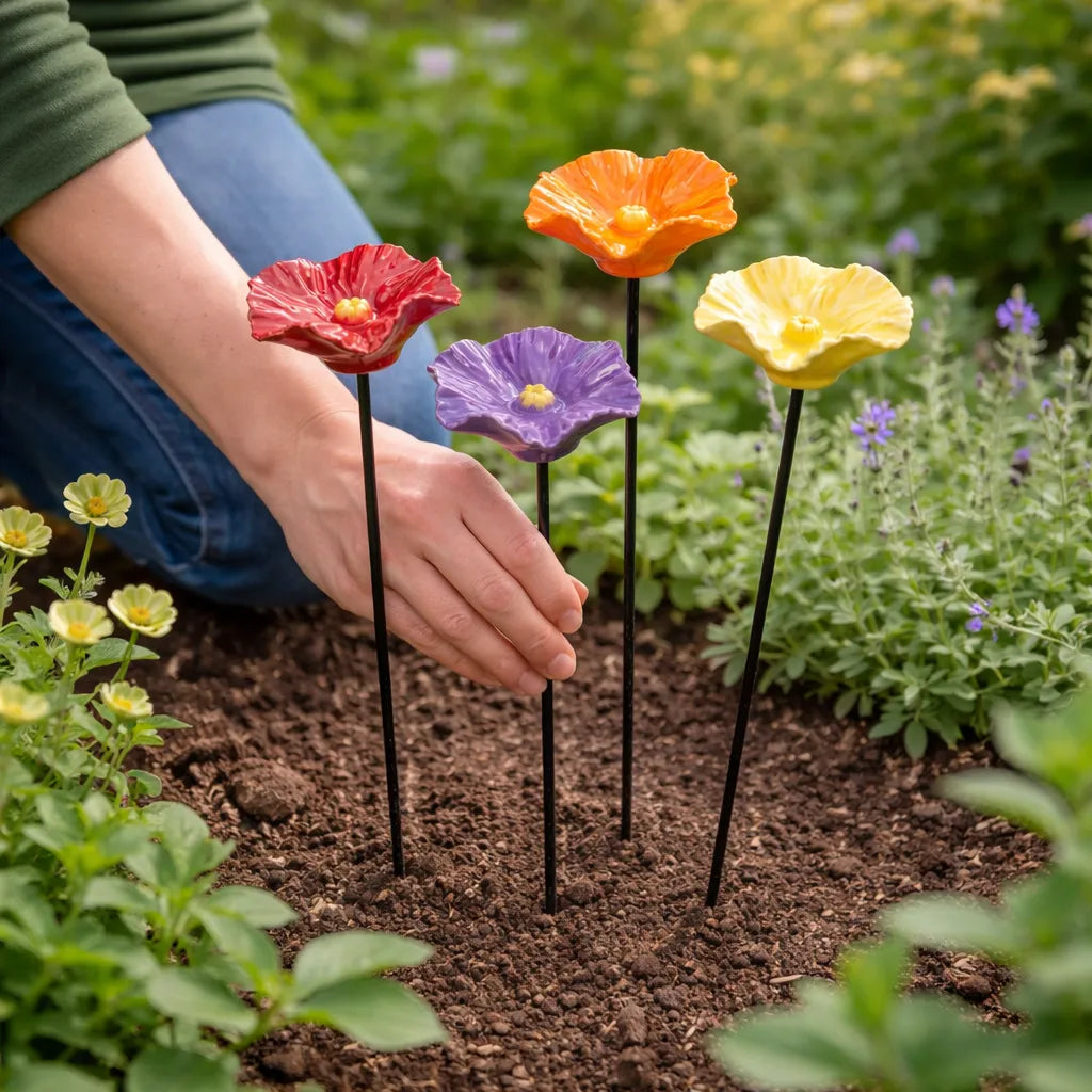 Garten Dekoration | Handgefertigte Wetterfeste Keramik-Bienenblüten, 4er-Set 7